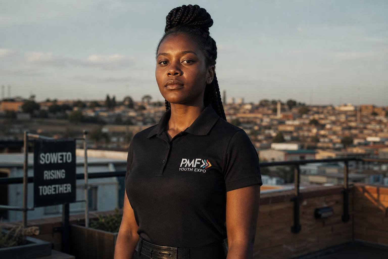 Young South African in PMF Youth Expo polo on a Soweto rooftop at golden hour