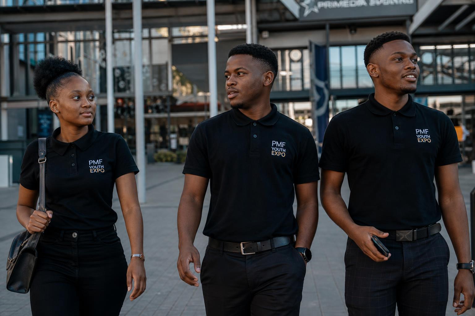 Three young South Africans in PMF Youth Expo polos walking through a modern plaza